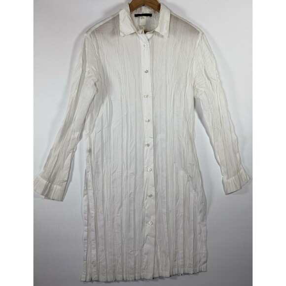 Les Copains White Pleated Crinkle Shirt Dress Tunic EU 48 US 12 Sheer Minimalist - Picture 1 of 16